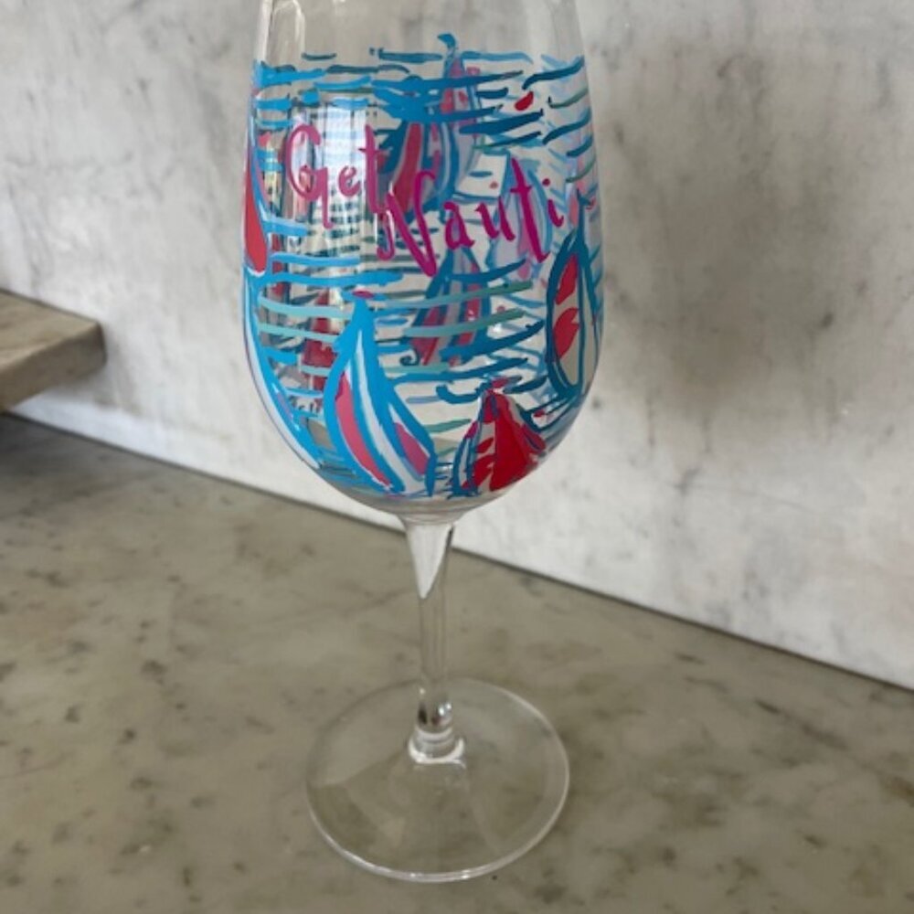 LILLY PULITZER Get Nauti Acrylic Wine Glass Goblet Blue White Pink Sailboat - Picture 2 of 12